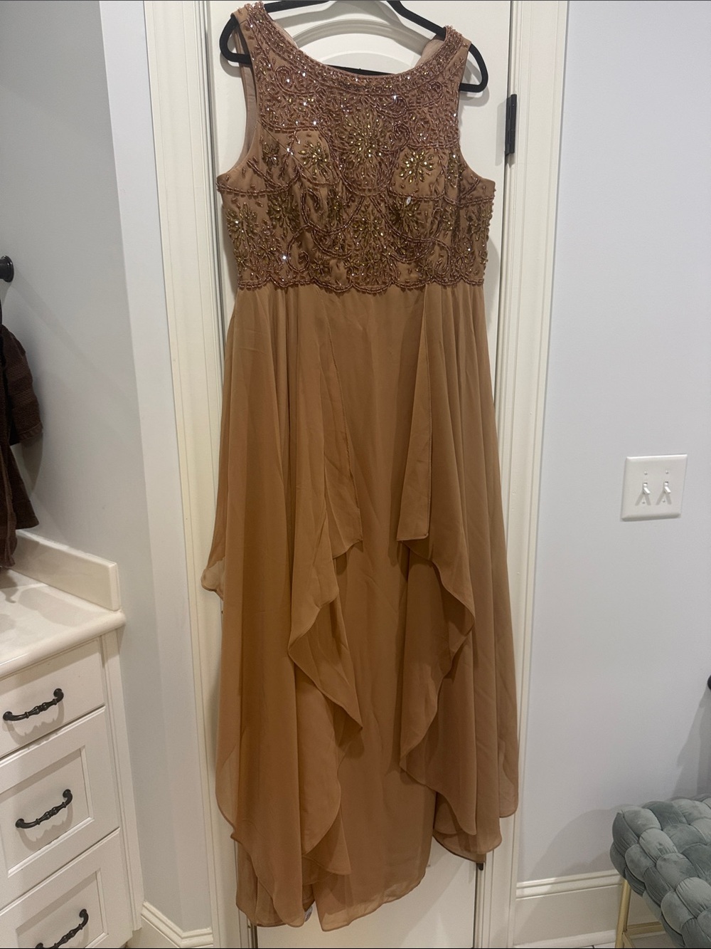 Beaded Sleeveless High-Low Evening Dress in Brown